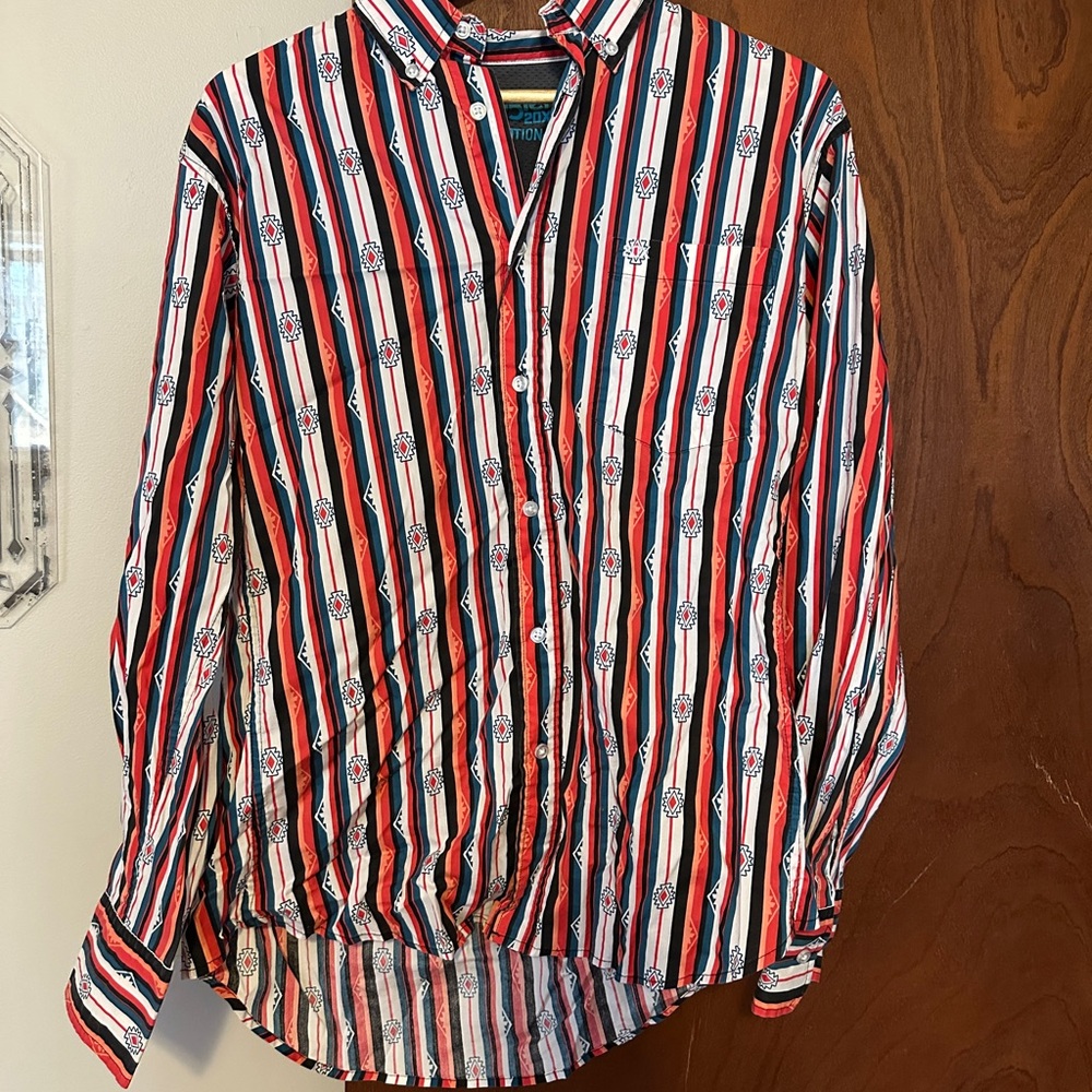 Wrangler Men's Red, White, and Black Striped Shirt